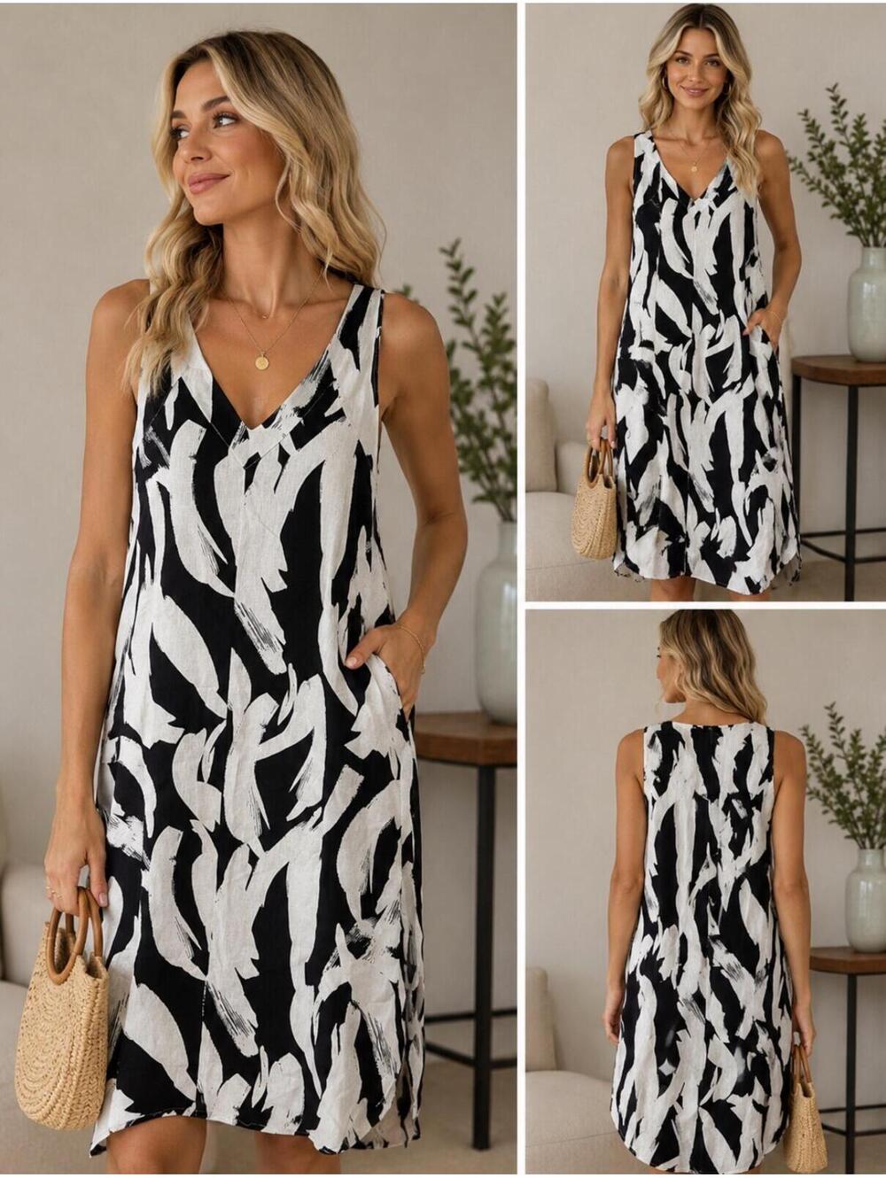 DKNY Multi-Print Sleeveless V-Neck Midi Dress Size M